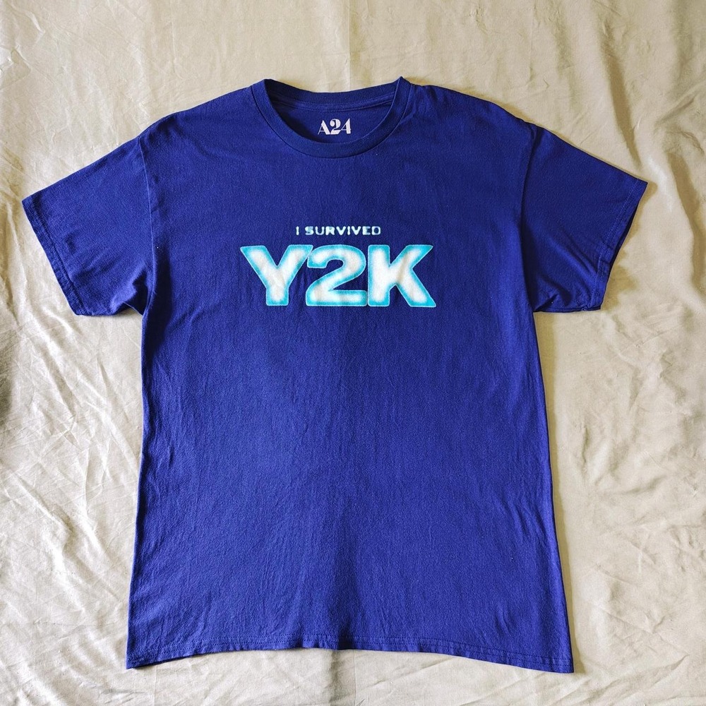 A24 I Survived Y2K T-Shirt Mens Large Navy Blue Short Sleeve Graphic Tee